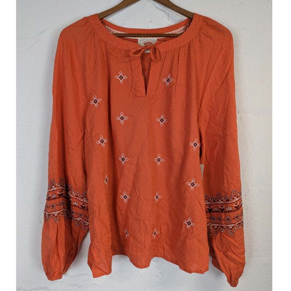 Embroidered Boho Blouse Popover Coral Balloon Sleeve Southwest Breezy Large